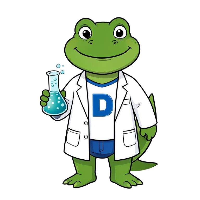 Al the Gator, the school mascot, wearing a lab coat with a blue D